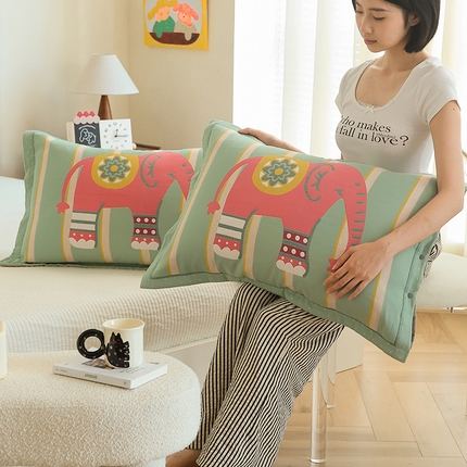 2024新款全棉四层纱布枕套一对装纽扣款枕套 简约小象