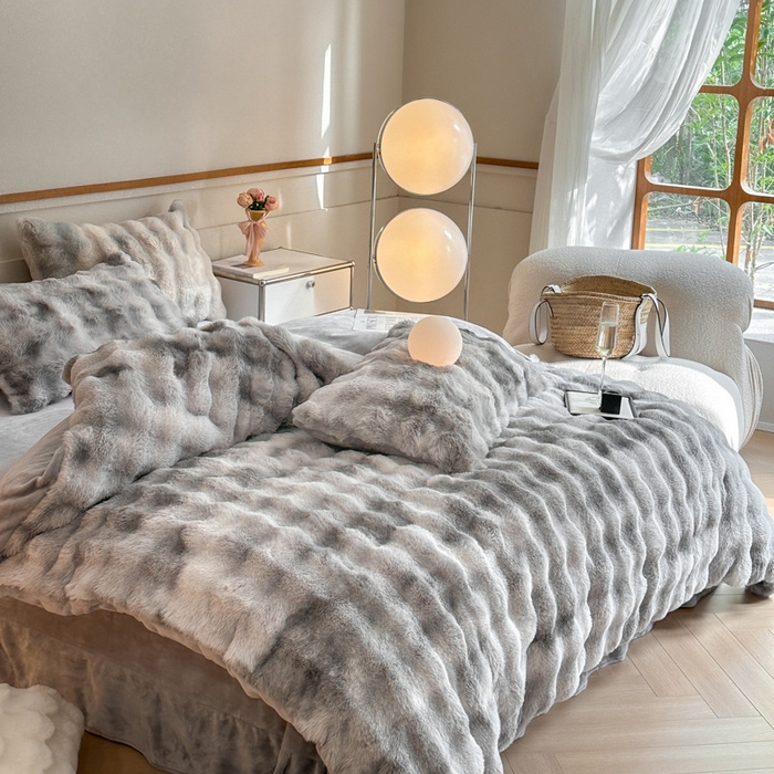 91家纺网 家纺一手货源 找家纺 畅畅家纺 2024新款AB版冬季纯色七彩兔兔绒兔毛绒牛奶绒四件套 七彩-灰