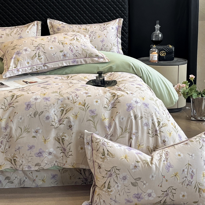 91家纺网 家纺一手货源 找家纺 大柏树 2025新款A类全棉磨毛印花四件套 暗香灰