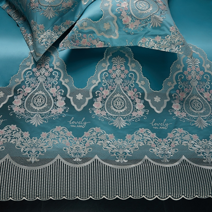 91家纺网 家纺一手货源 找家纺 2024新款高端蕾丝重磅真丝棉系列四件套-爱兰朵 爱兰朵炫彩绿