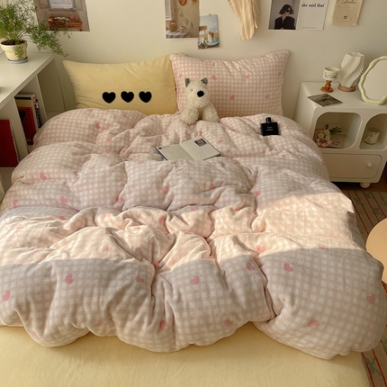 2024新款A类ins少女小清新蝴蝶爱心蝴蝶结毛巾绣混搭牛奶绒系列四件套 绒毛巾绣-格子爱心粉粉黄