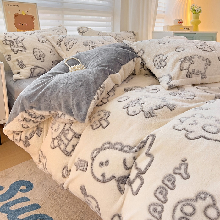 91家纺网 家纺一手货源 找家纺 2024新款加厚雪花绒印花四件套-风格二（提供卖家秀） 灰色轨迹