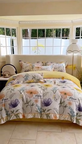 91家纺网 家纺一手货源 找家纺 2025新款A纯棉B牛奶绒四件套13376全棉加绒一字绣宽边轻奢套件-夹棉款 半夏花海