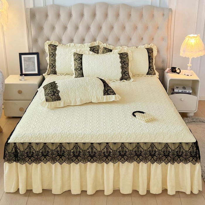 91家纺网 家纺一手货源 找家纺 恋尚 2024新款纯色牛奶绒四件套韩版蕾丝花边床裙款四件套 洛丽塔 米色