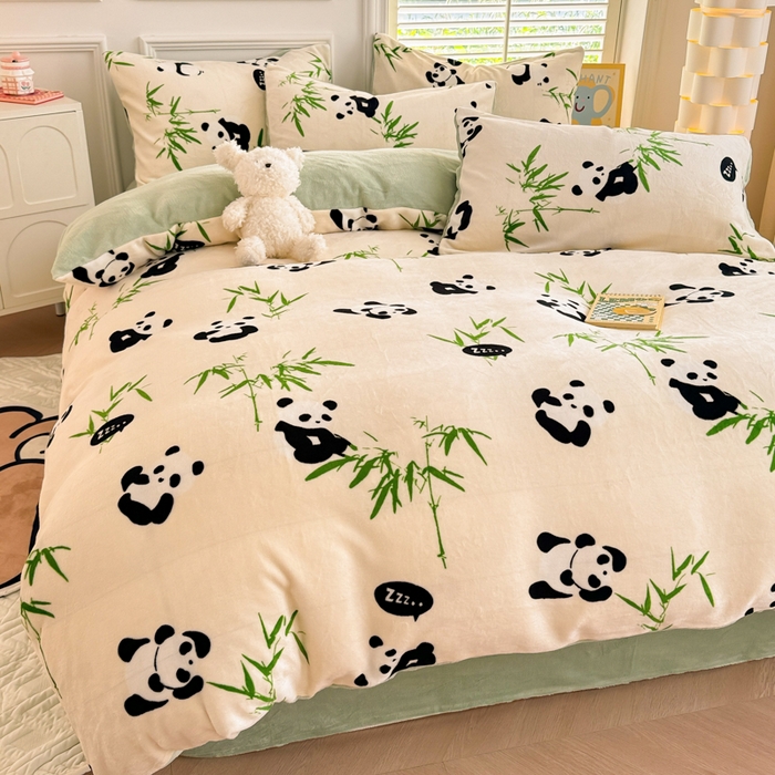 91家纺网 家纺一手货源 找家纺 简宜家居 2025新款牛奶绒印花四件套 竹影萌宝