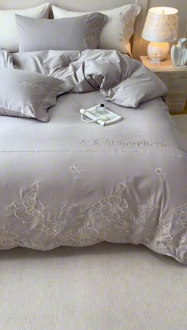 91家纺网 家纺一手货源 找家纺 艾莱家纺 2024新款A类新疆长绒棉加厚柔顺磨毛四件套-花开烂漫 花开烂漫-大麦灰