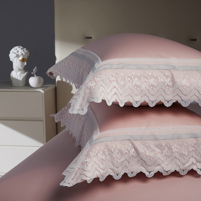 91家纺网 家纺一手货源 找家纺 2024新款高端蕾丝重磅真丝棉系列四件套-德鲁斯 德鲁斯 浅粉