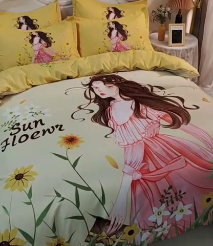 91家纺网 家纺一手货源 找家纺 宝薇 2024新款卡通款加厚斜纹磨毛大版四件套 （新花型不断更新中）花仙子黄