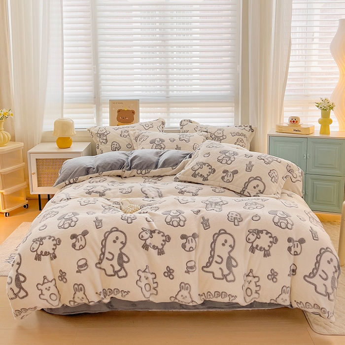 91家纺网 家纺一手货源 找家纺 2024新款加厚雪花绒印花四件套-风格二（提供卖家秀） 灰色轨迹