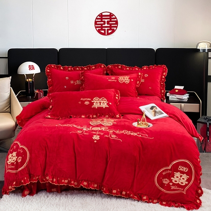 91家纺网 家纺一手货源 找家纺 （总）蒂爵 全棉纯棉抗静电宝宝绒婚庆绣花四件套