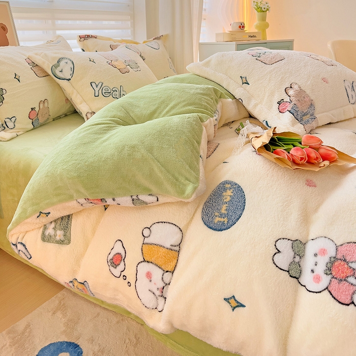 91家纺网 家纺一手货源 找家纺 2024新款加厚雪花绒印花四件套-风格二（提供卖家秀） 快乐心情