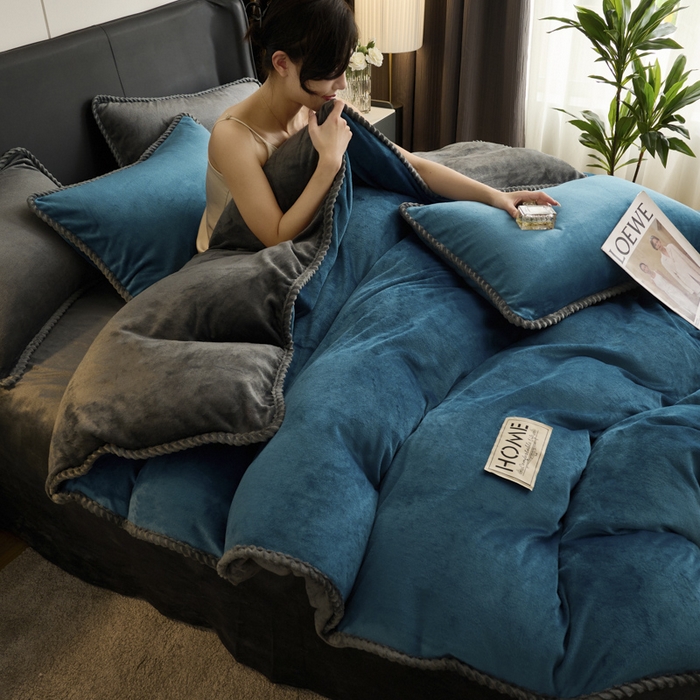 91家纺网 家纺一手货源 找家纺 闲鱼家纺 2025新款牛奶绒拆卸被可拆卸四件套  湖蓝