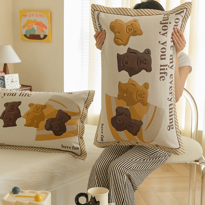 91家纺网 家纺一手货源 找家纺 2024新款全棉四层纱布枕套一对装纽扣款枕套 焦糖小熊