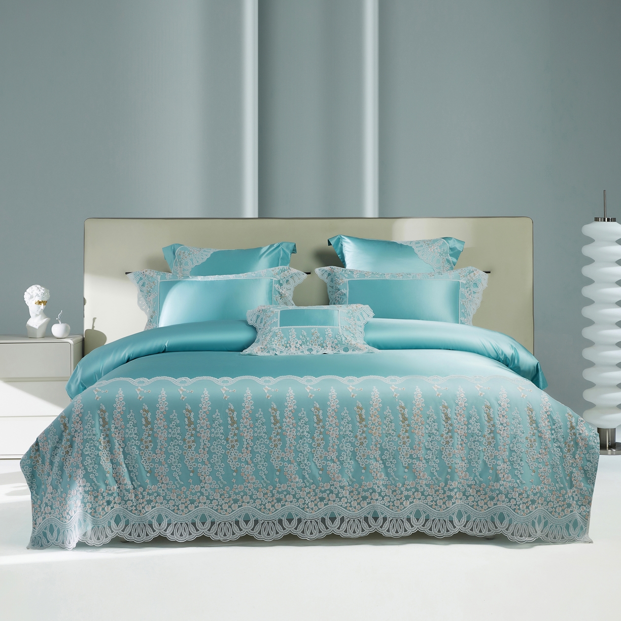 91家纺网 家纺一手货源 找家纺 2024新款高端蕾丝重磅真丝棉系列四件套-芬芳细雨 芬芳细雨 绿