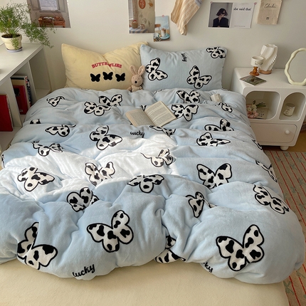 2024新款A类ins少女小清新蝴蝶爱心蝴蝶结毛巾绣混搭牛奶绒系列四件套 绒毛巾绣-奶牛蝴蝶蓝