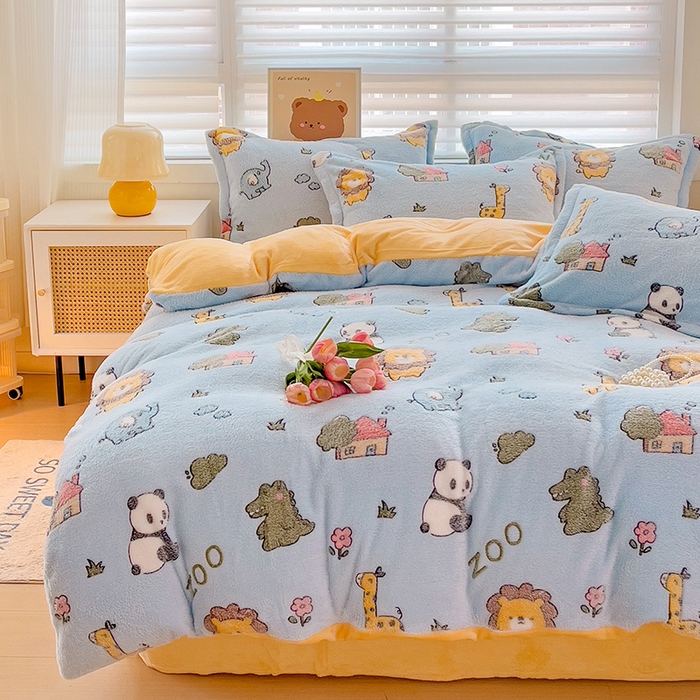 91家纺网 家纺一手货源 找家纺 2024新款加厚雪花绒印花四件套-风格二（提供卖家秀） 动物世界