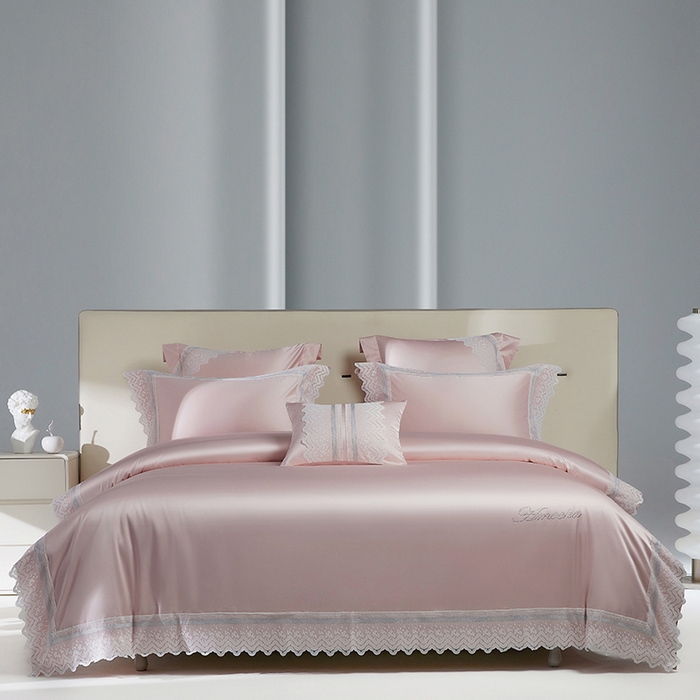 91家纺网 家纺一手货源 找家纺 2024新款高端蕾丝重磅真丝棉系列四件套-德鲁斯 德鲁斯 浅粉