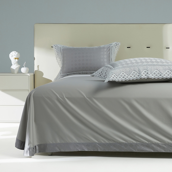 91家纺网 家纺一手货源 找家纺 2024新款高端蕾丝重磅真丝棉系列四件套-克莱斯特 克莱斯特 浅灰