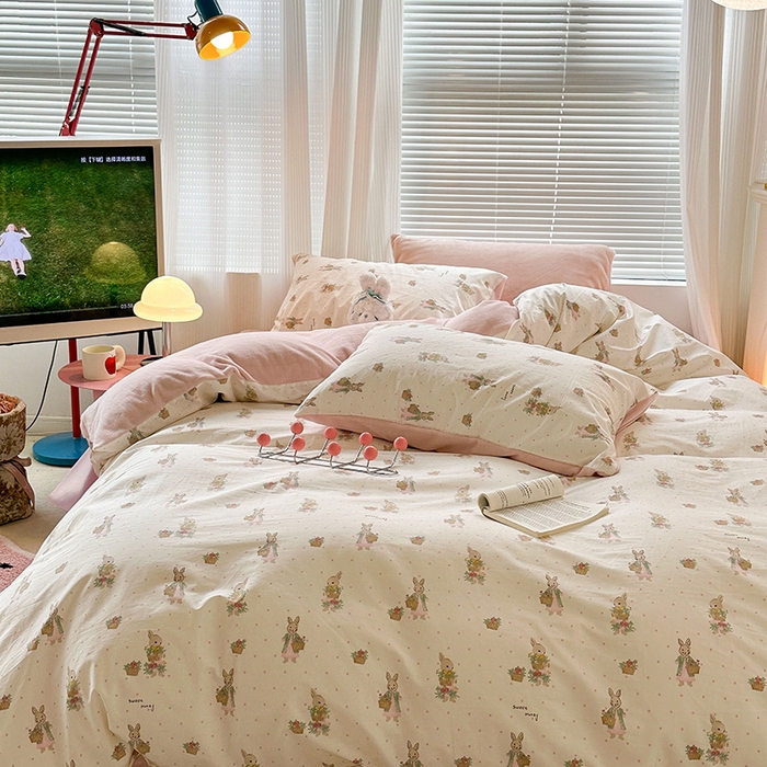 91家纺网 家纺一手货源 找家纺 昔可家纺 2024新款秋冬新款棉加牛奶绒四件套 甜心篮子兔