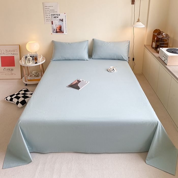 91家纺网 家纺一手货源 找家纺 眠帛家居 2024新款A类亲肤水洗棉纯色单品床单三件套 繁星蓝