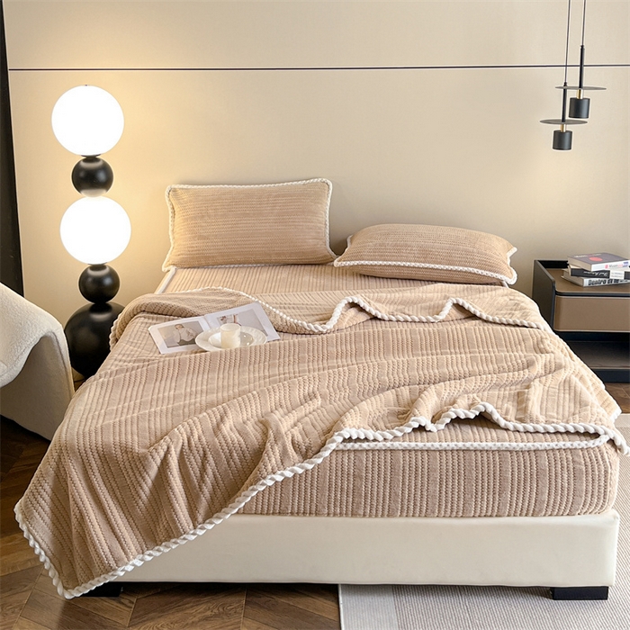 91家纺网 家纺一手货源 找家纺 欧邦 新款提花针织绒牛奶绒铂金系列床笠三件套四件套 针织绒-奶茶咖