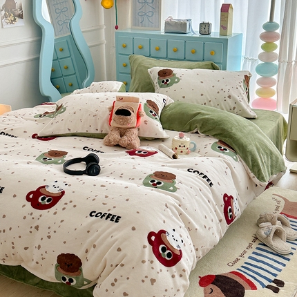 昔可家纺 2024新款印花牛奶绒四件套系列-卡通系列 萌宠咖啡杯