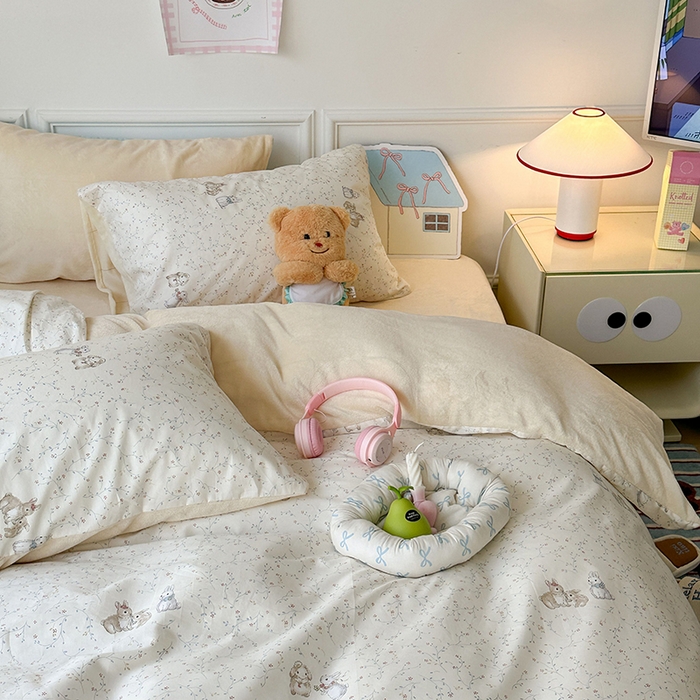 91家纺网 家纺一手货源 找家纺 昔可家纺 2024新款秋冬新款棉加牛奶绒四件套 花枝小兔