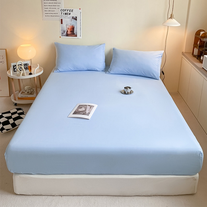 91家纺网 家纺一手货源 找家纺 眠帛家居 2024新款A类亲肤水洗棉纯色单品床笠三件套 天空蓝