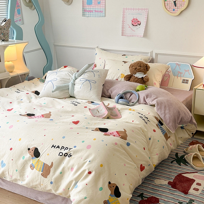 91家纺网 家纺一手货源 找家纺 昔可家纺 2024新款秋冬新款棉加牛奶绒四件套 毛衣腊肠狗