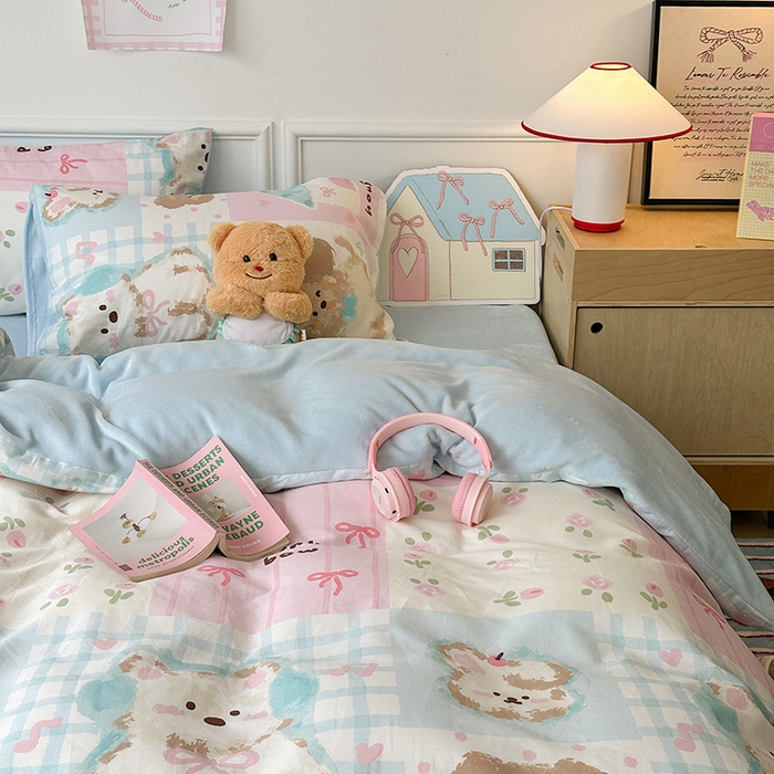 91家纺网 家纺一手货源 找家纺 昔可家纺 2024新款秋冬新款棉加牛奶绒四件套 拼接油画狗