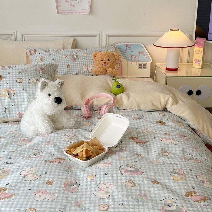 91家纺网 家纺一手货源 找家纺 昔可家纺 2024新款秋冬新款棉加牛奶绒四件套 小狗日记