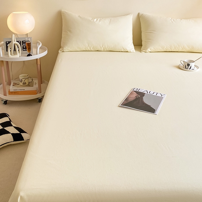 91家纺网 家纺一手货源 找家纺 眠帛家居 2024新款A类亲肤水洗棉纯色单品床单三件套 奶黄