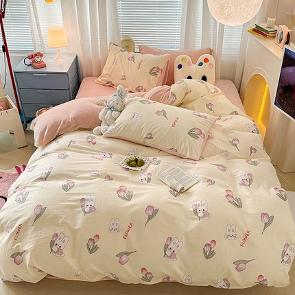 昔可家纺 2024新款秋冬新款棉加牛奶绒四件套 软萌兔兔郁金