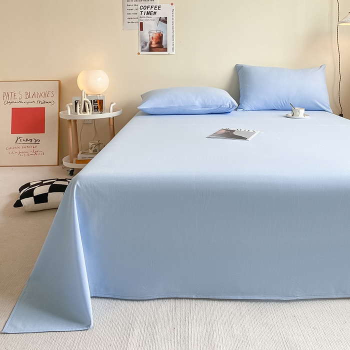 91家纺网 家纺一手货源 找家纺 眠帛家居 2024新款A类亲肤水洗棉纯色单品床单三件套 天空蓝