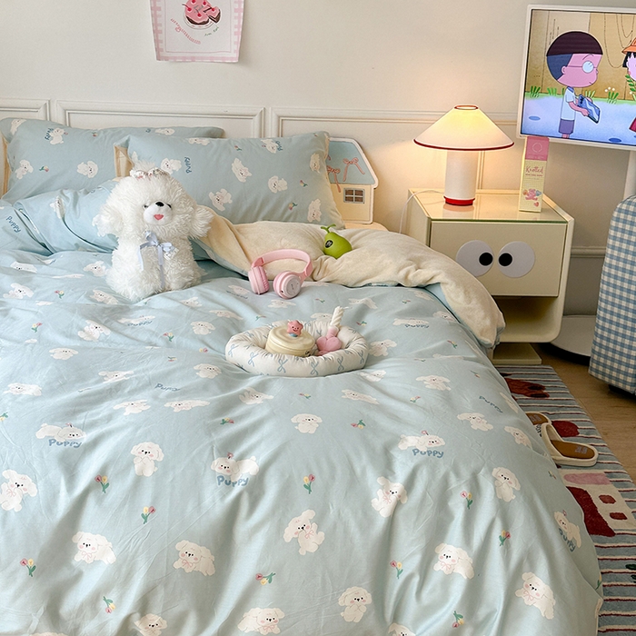 91家纺网 家纺一手货源 找家纺 昔可家纺 2024新款秋冬新款棉加牛奶绒四件套 云朵狗狗