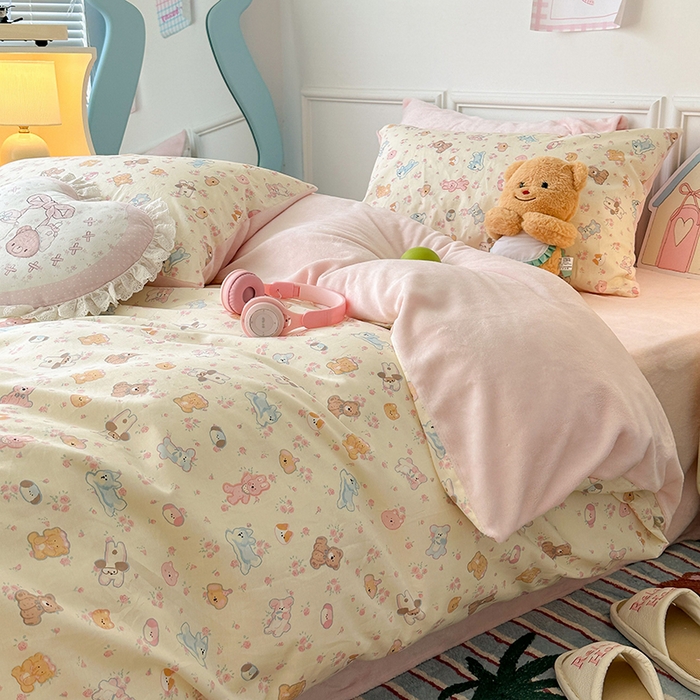 91家纺网 家纺一手货源 找家纺 昔可家纺 2024新款秋冬新款棉加牛奶绒四件套 可爱小萌物