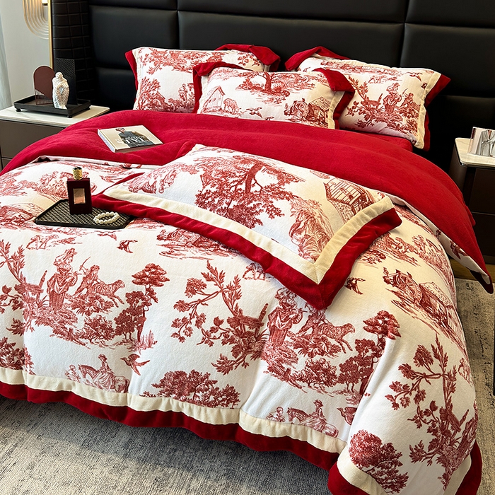 91家纺网 家纺一手货源 找家纺 凡客家居 2024新款高克重牛奶绒数码印花双拼角四件套 玫瑰情缘