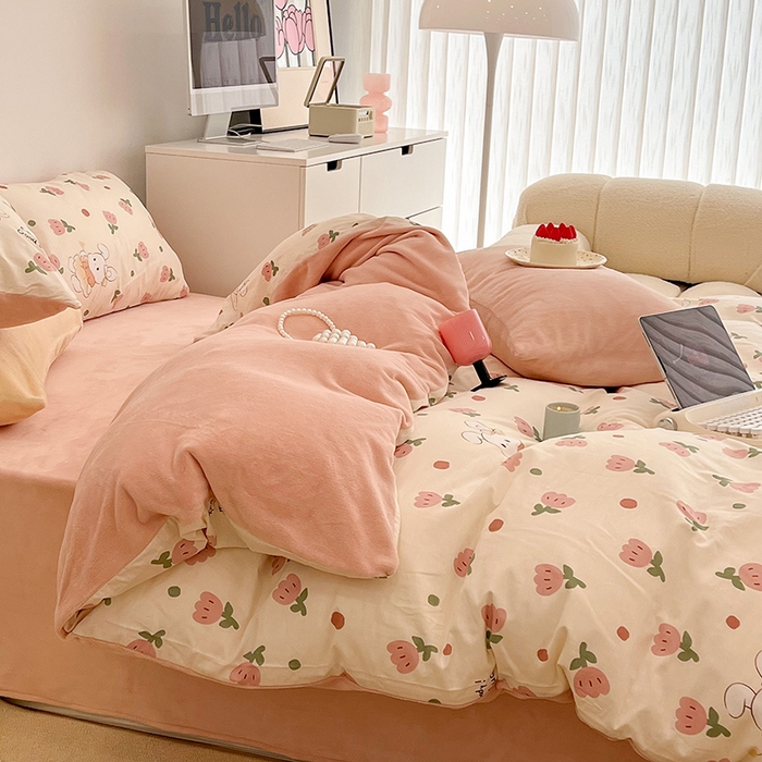 91家纺网 家纺一手货源 找家纺 昔可家纺 2024新款秋冬新款棉加牛奶绒四件套 粉郁金兔