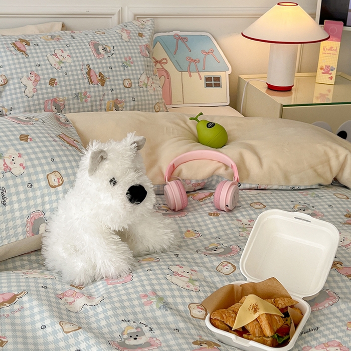 91家纺网 家纺一手货源 找家纺 昔可家纺 2024新款秋冬新款棉加牛奶绒四件套 小狗日记