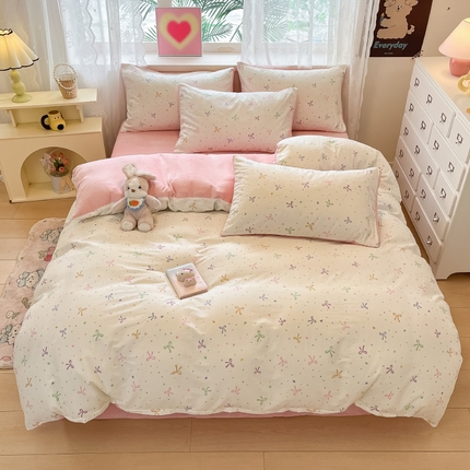 91家纺网 家纺一手货源 找家纺 瑞莱 2024秋冬网红款棉加绒四件套 棉绒七彩蝴蝶结