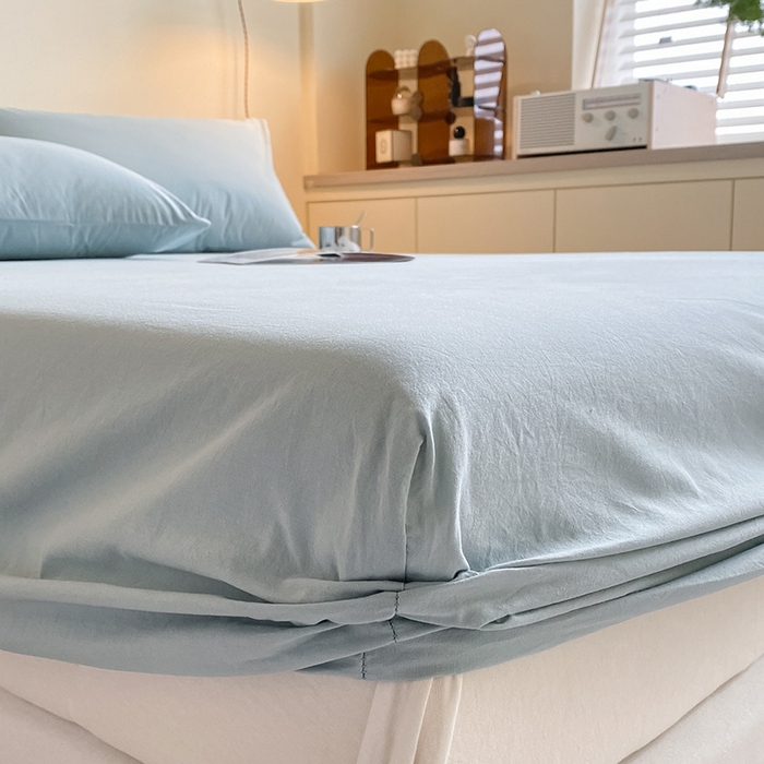 91家纺网 家纺一手货源 找家纺 眠帛家居 2024新款A类亲肤水洗棉纯色单品床笠三件套 繁星蓝