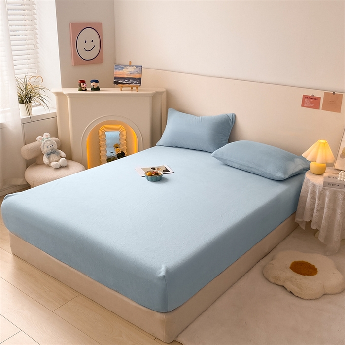 91家纺网 家纺一手货源 找家纺 眠帛家居 2024新款纯色高克重牛奶绒单床笠 蓝灰