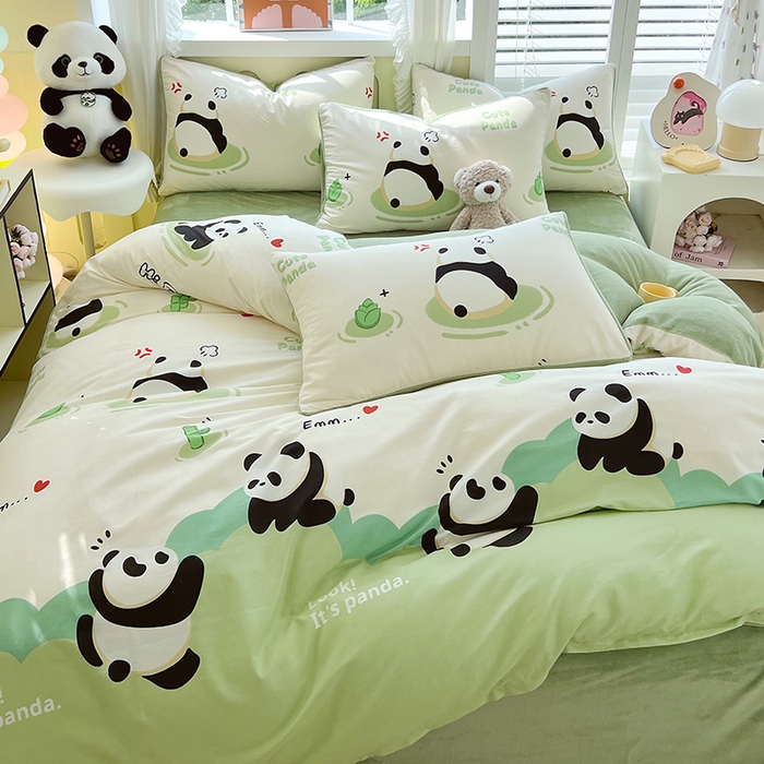 91家纺网 家纺一手货源 找家纺 金鑫汇家纺 2024年新款棉加绒印花四件套保暖牛奶绒法莱绒水晶绒棉加绒-熊猫乐园