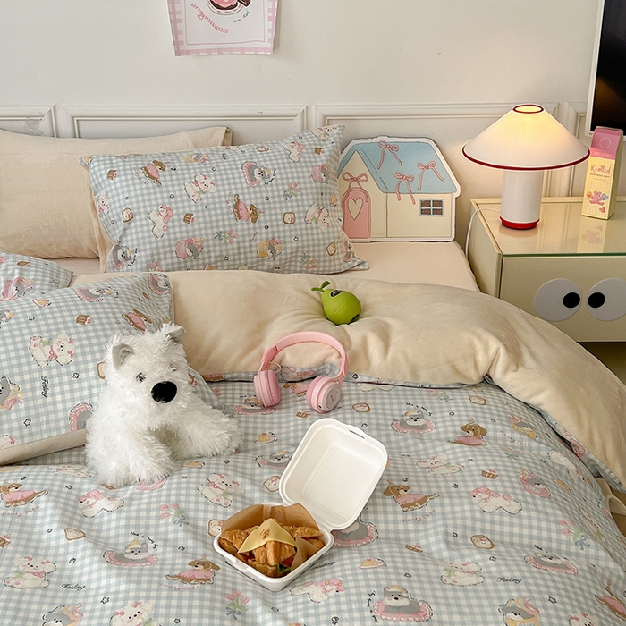 91家纺网 家纺一手货源 找家纺 昔可家纺 2024新款秋冬新款棉加牛奶绒四件套 小狗日记