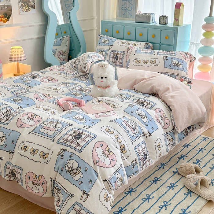 91家纺网 家纺一手货源 找家纺 昔可家纺 2024新款印花牛奶绒四件套系列-卡通系列 泡芙卷卷