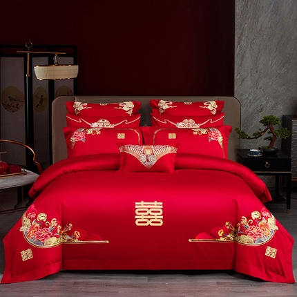 蒂爵 全棉纯棉长绒棉时尚绣花婚庆四件套多件套 花开喜事