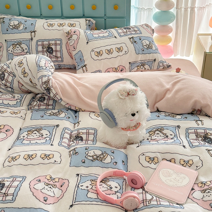 91家纺网 家纺一手货源 找家纺 昔可家纺 2024新款印花牛奶绒四件套系列-卡通系列 泡芙卷卷