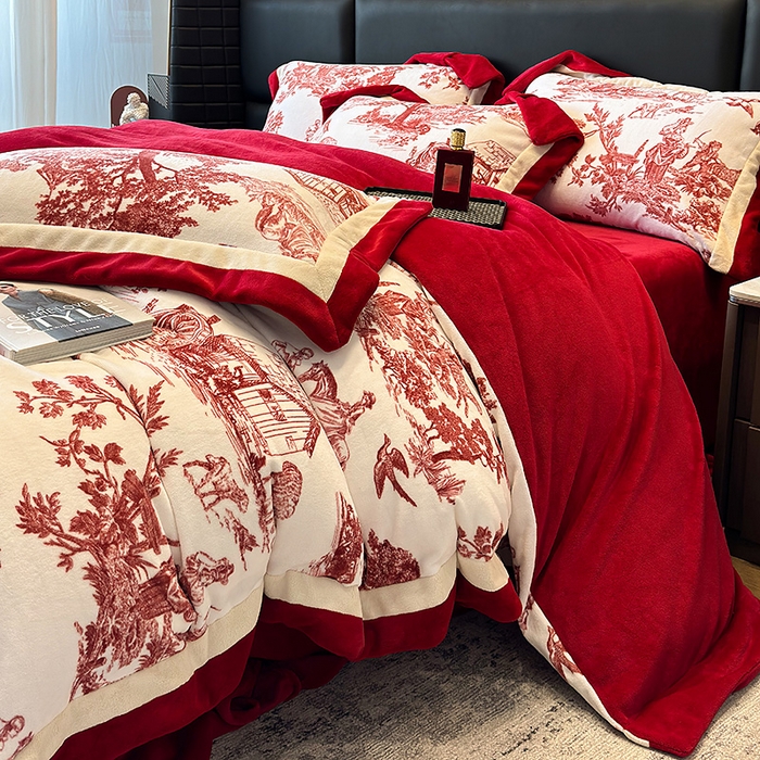 91家纺网 家纺一手货源 找家纺 凡客家居 2024新款高克重牛奶绒数码印花双拼角四件套 玫瑰情缘