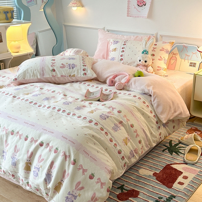 91家纺网 家纺一手货源 找家纺 昔可家纺 2024新款秋冬新款棉加牛奶绒四件套 仙女小兔