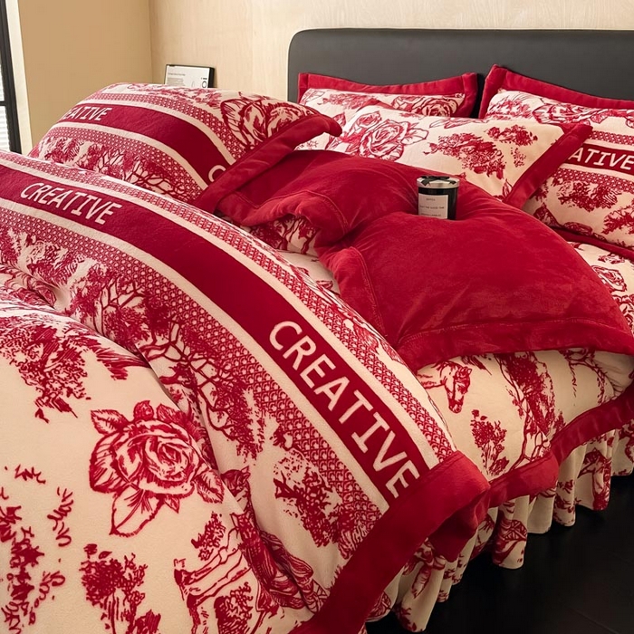 91家纺网 家纺一手货源 找家纺 茉保家纺 2024新款包边款印花牛奶绒床盖四件套 北欧花季 -红